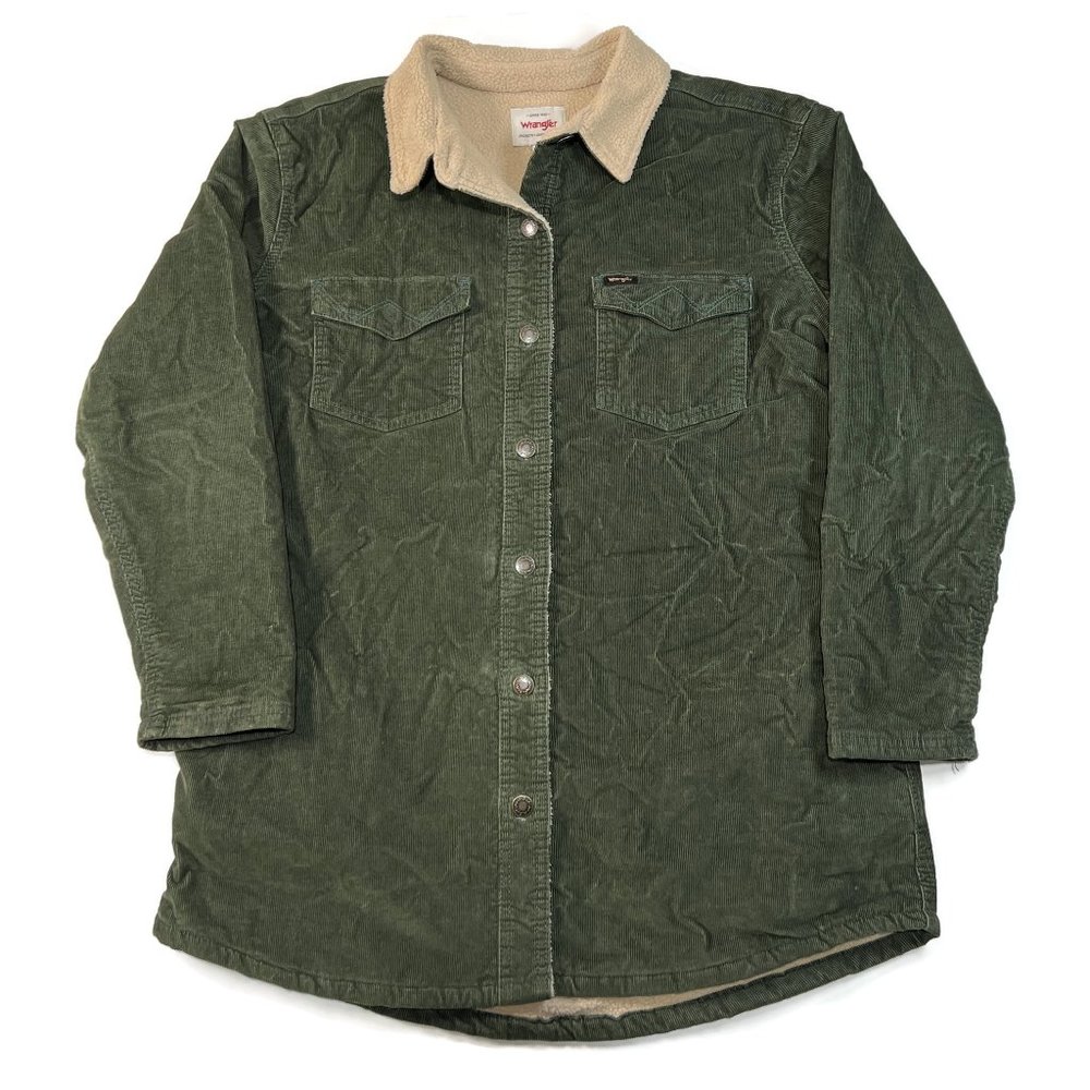 Wrangler Mens Large Sherpa Lined Corduroy Jacket Button Shirt Long Sleeve Green